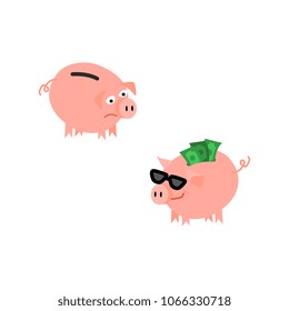 Cartoon piggy bank icon set. Cheerful pig money box full of savings with happy facial expression sad pig without money. Business finance, banking weath concept. Vector isolated background illustration