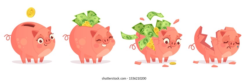 Cartoon piggy bank. Savings, bank deposit and save money investments. Empty and full of cash and golden coins pig bank. Budget saving, currency finance box isolated vector illustration