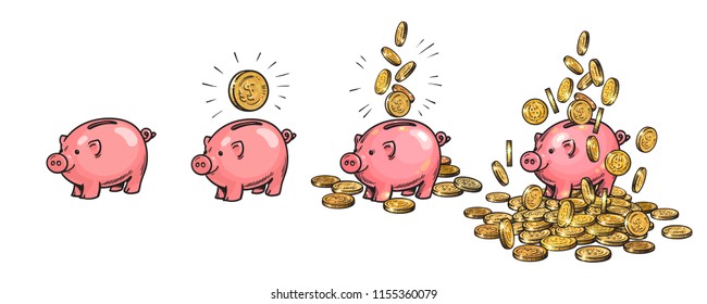 Cartoon piggy bank set. Empty, with one coin, with falling coins, heaped over money. Wealth and success concept. Hand drawn sketch vector illustration isolated on white background.