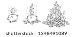 Cartoon piggy bank set. Piggy with one coin, with falling coins, heaped over money. Growing wealth and business success concept. Black and white hand drawn sketch style vector illustration.