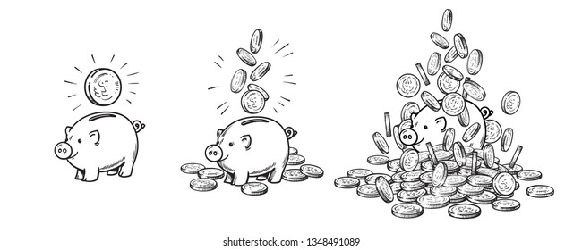 Cartoon piggy bank set. Piggy with one coin, with falling coins, heaped over money. Growing wealth and business success concept. Black and white hand drawn sketch style vector illustration.