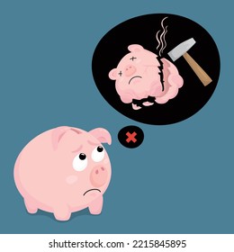  Cartoon piggy bank stressful and paranoid with hammer will smash, illustrator vector cartoon drawing image painting
