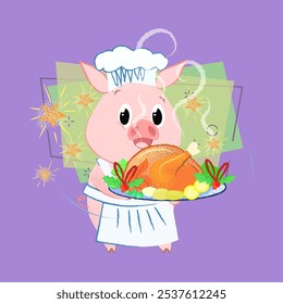 Cartoon piggy cooking New Year dinner. Christmas menu concept. Vector illustration can be used for festive posters, flyers, party invitations