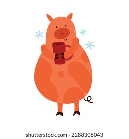 Cartoon piggy drinking hot cocoa during new year holidays vector illustration