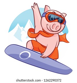 Cartoon piggy on snowboard with mask and scarf. Happy Chinese new year. Winter scene and winter sport activity. Pig as a symbol of the New Year. Vector illustration