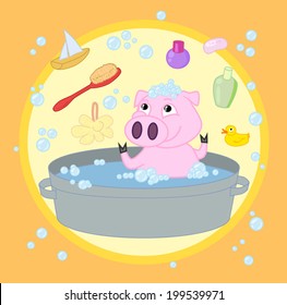 cartoon piggy that washed in a trough