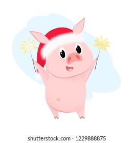 Cartoon piglet postcard element design. Illustration of piggy in red hat holding Bengal lights Can be used for topics like Christmas, holiday, festival, cartoon