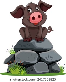 Cartoon piglet sitting atop a stack of stones