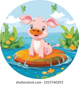 Cartoon piglet is swimming in the pool very happy , Tshirt Design , Vector illustration