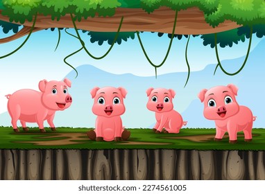 Cartoon piglets in the jungle