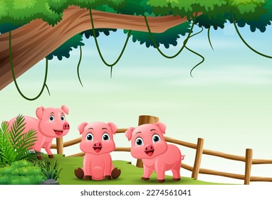 Cartoon piglets in the jungle