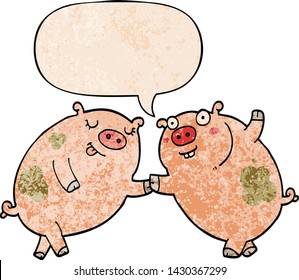 cartoon pigs dancing with speech bubble in retro texture style