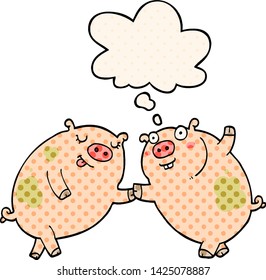 cartoon pigs dancing with thought bubble in comic book style