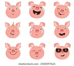 Emoji de cerdos de dibujos animados. Divertidas cabezas de animales de granja con diferentes expresiones emocionales. Sonrisas lindas del carácter del zoológico. Felices risas. Llorar lágrimas. Mamíferos domésticos. Bozales de jabalí