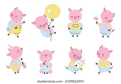 Cartoon pigs, funny hog characters in different poses. Happy pig, adorable isolated active piggy. Farm animal activity, nowaday vector collection