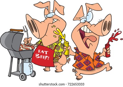 cartoon pigs having a barbecue. One pig is wearing and apron that says "eat beef"