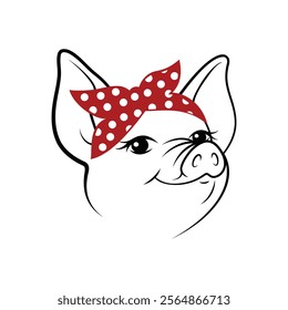 A cartoon pig's head wearing a red polka dot bandana.