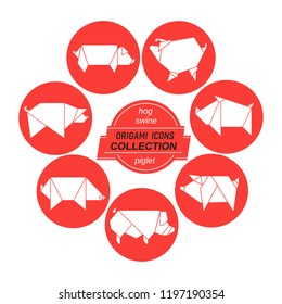 Cartoon pigs icon set. Abstract white pig sign silhouette in red circle. Freehand drawn stylized paper origami domestic swine emblem. Template geometric logo design. Simple piggy symbol vector element