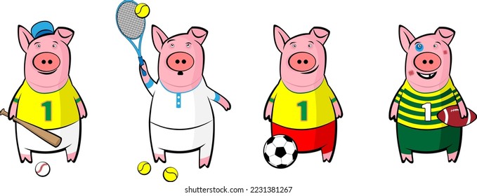 Cartoon pigs playing sports games. Piglet plays baseball, tennis, football and rugby.