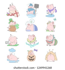 Cartoon pigs set. Elements for New Year's design. Symbol of 2019 on the Chinese calendar. Vector illustration. EPS 8.