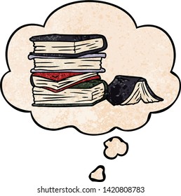 cartoon pile of books with thought bubble in grunge texture style