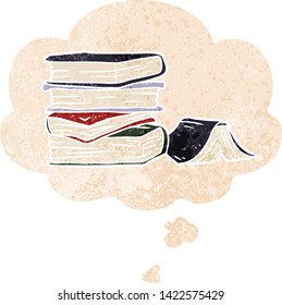 cartoon pile of books with thought bubble in grunge distressed retro textured style