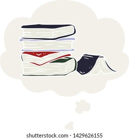 cartoon pile of books with thought bubble in retro style