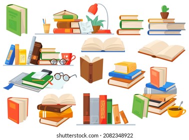 Cartoon pile textbooks. Stacks school books bookmarks, book study read education, bookstore library, academic dictionary, sleep reading learning hobby vector. Illustration of education school textbook
