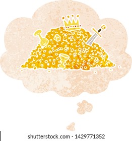 cartoon pile of treasure with thought bubble in grunge distressed retro textured style
