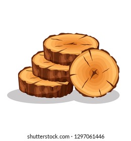 Cartoon pile of tree rings isolated on white background. Wooden log cross sections with splits and cracks vector illustration