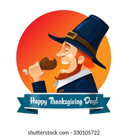 Cartoon Pilgrim Eating A Turkey Leg On The Thanksgiving Day