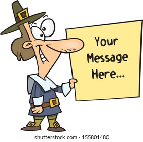 Cartoon pilgrim man holding a sign for your message