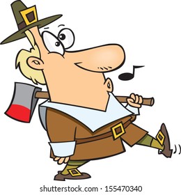 Cartoon pilgrim man whistling while walking and carrying an axe