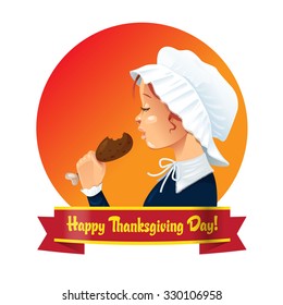 Cartoon Pilgrim Woman Eating A Turkey Leg On The Thanksgiving Day