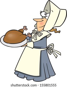 Cartoon pilgrim woman holding a turkey