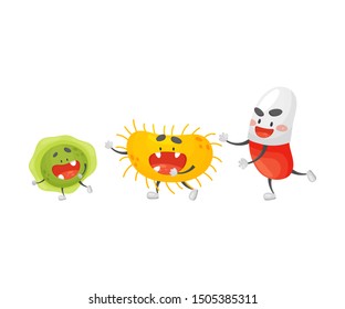 Cartoon pill chasing germs. Vector illustration on a white background.