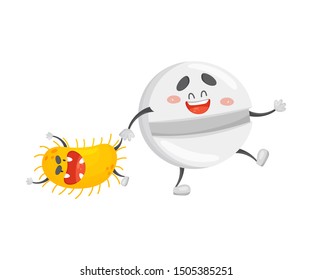 Cartoon pill drags a microbe by the leg. Vector illustration on a white background.