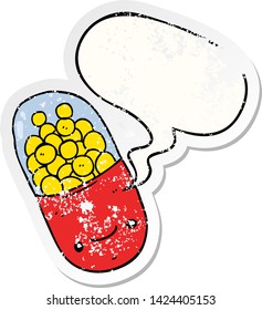 píldora de dibujos animados con una burbuja de habla angustiada pegatina vieja