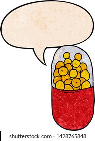 cartoon pill with speech bubble in retro texture style