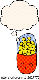 cartoon pill with thought bubble in comic book style