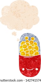 cartoon pill with thought bubble in grunge distressed retro textured style