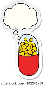 cartoon pill with thought bubble as a printed sticker