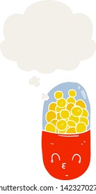 cartoon pill with thought bubble in retro style