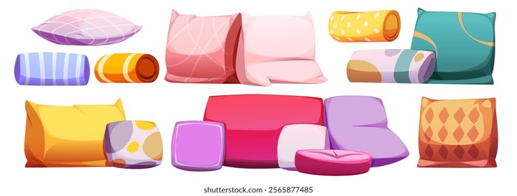 Cartoon pillow and cushion collection of various shapes, patterns and colors. Decorative rectangular, square and bolster designs in soft pastel shades with geometric prints for cozy home interior.