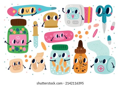 Cartoon pills bottles. Cute kids medicine characters with funny faces. Medical pipette and thermometer. Tablets jars. Band aid and bandage. Comic drugs. Vector