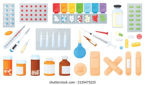 Cartoon pills in bottles or jars, medical drugs, medicines. Vitamin tablets, capsules in blister, plaster, first aid kit supplies vector set. Packages and box with supplements and medication