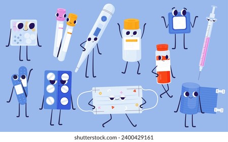 Cartoon pills characters. Cute pharmaceutical medicine with syringe and spoon, funny drugstore medication with cute mascot emotions. Vector set. Blisters with tablets, mask and bandage