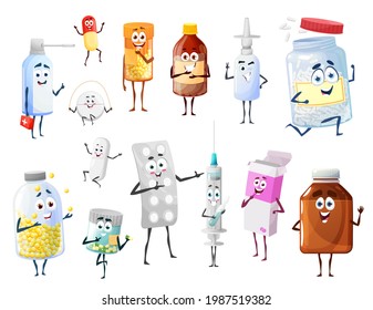 Cartoon pills and medicines, drugs funny vector characters. Pharmacy antibiotic, vitamins and vaccine, box, bottle and syringe, nasal and throat spray, smiling pills blister pack and funny capsules