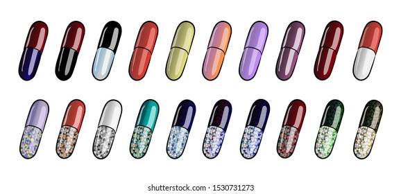 Cartoon pills vector set isolated,  various bright colors medicaments clipart