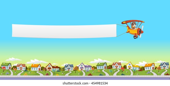 Cartoon pilot boy. Airplane pulling a banner over suburb neighborhood. Green park landscape with grass, trees, and houses.